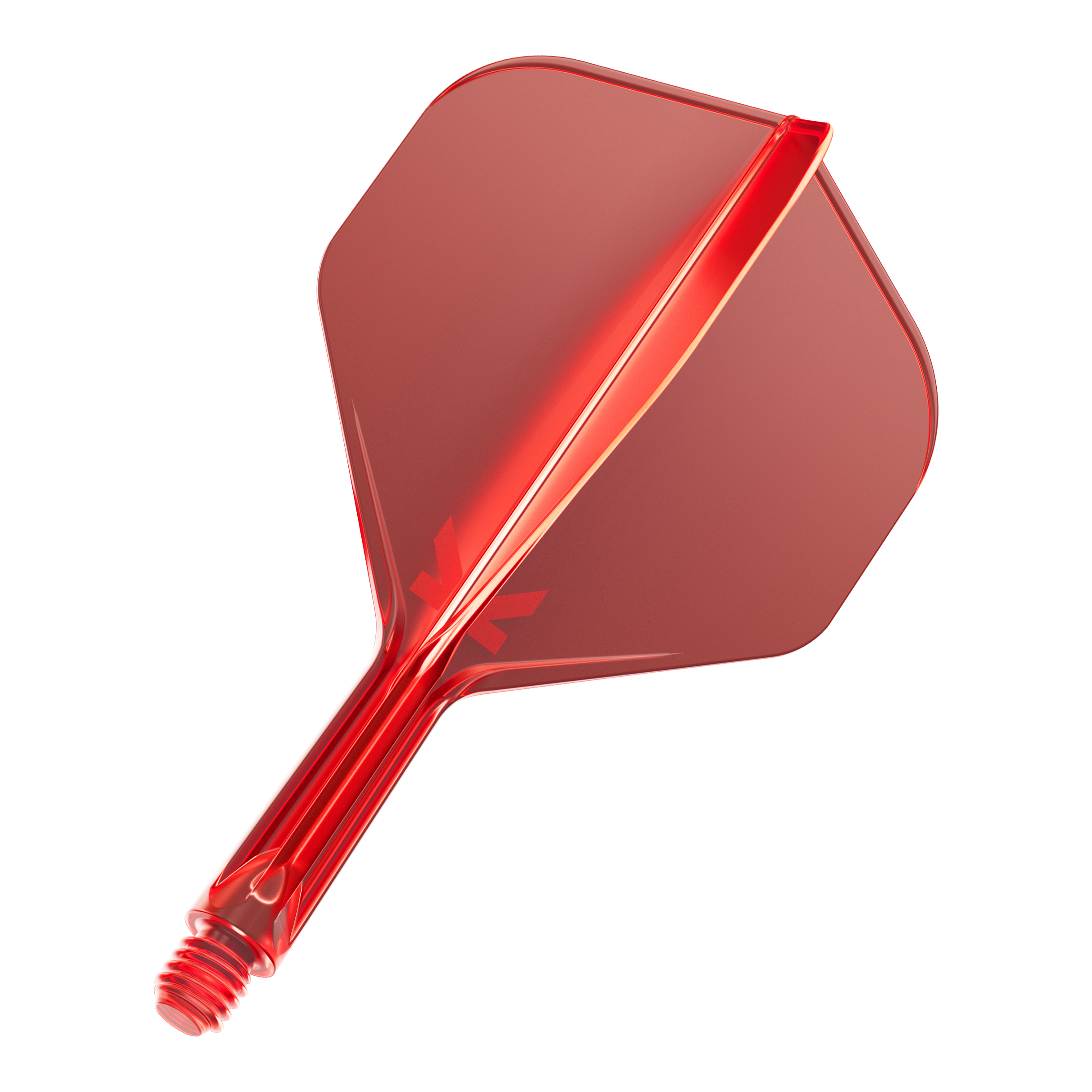 Das Bild zeigt eine rote Dartflügel-Kombination mit integriertem Schaft. Die Oberfläche ist glänzend und leicht transparent.